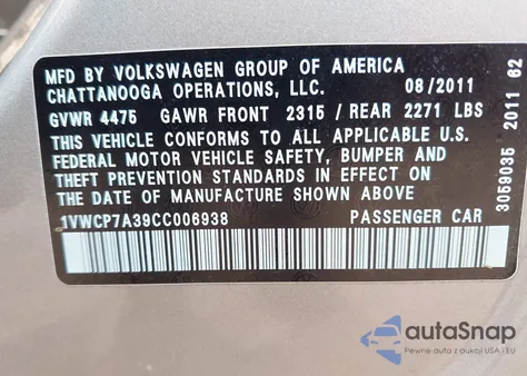 2012 Volkswagen Passat 2.5L Sel Premium z USA, uszkodzony, nr VIN 1VWCP7A39CC006938